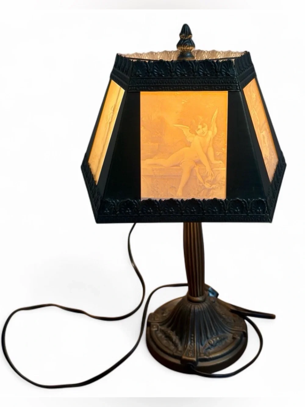 Vintage Lithophane Panel Table Lamp Cherub Angel Art Nouveau Victorian Revival